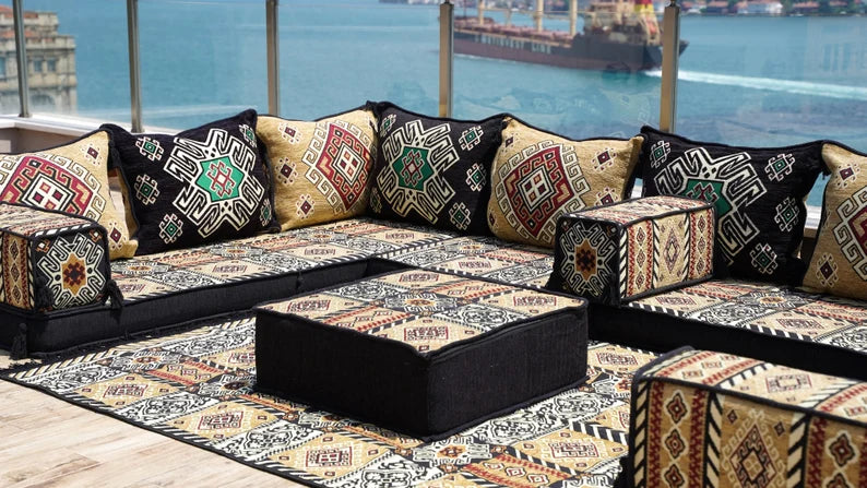 8 inch thick black and gold arabic seat cushions, oriental sofa, floor sofa, floor cushion set, arabic jalsa, boho sofa, modular sofa