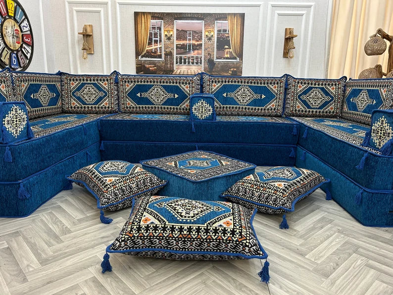 16'' Thick U Shaped Arabic Sofa, Living Room Sofa, Turkish Ethnic Sofa, BohoCouches, Sectional Sofa, Majlis Arabic Sofa